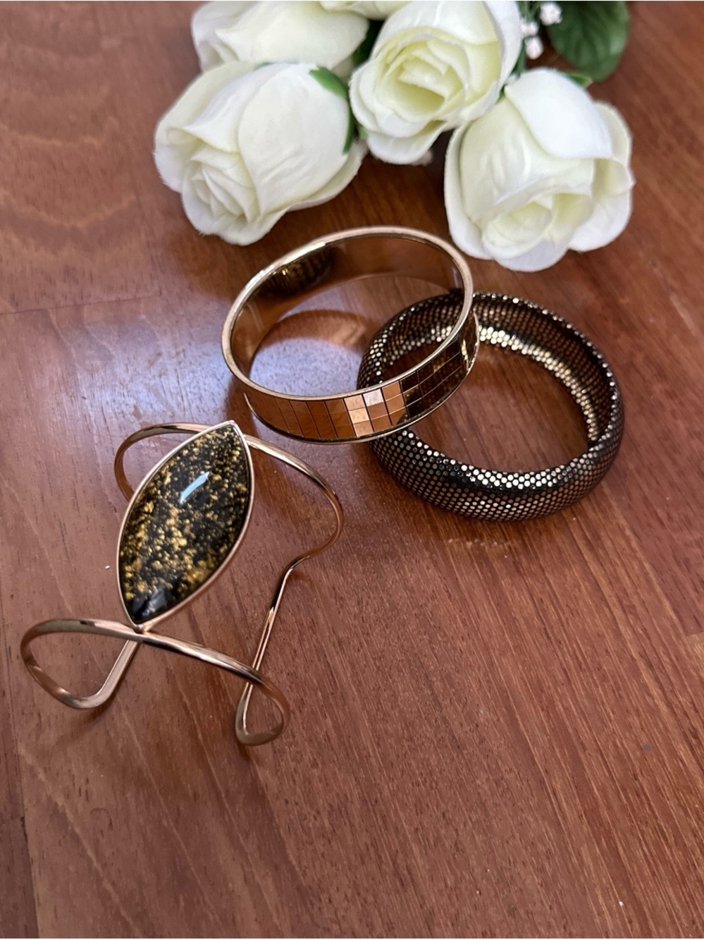 Gold Tone Women's Bracelet Set with Black and Gold Accents